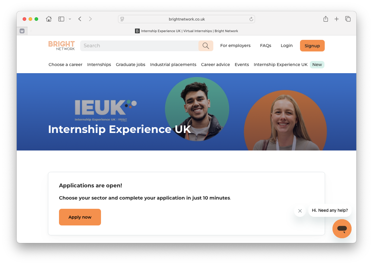 IEUK is the Bright Network’s 4-day virtual internship programme taking place every summer opportunities in (1) Technology & Engineering (2) Finance, Professional Services & Consulting (3) Business, Operatings & Marketing or (4) Commercial law. Screenshot from brightnetwork.co.uk/ieuk