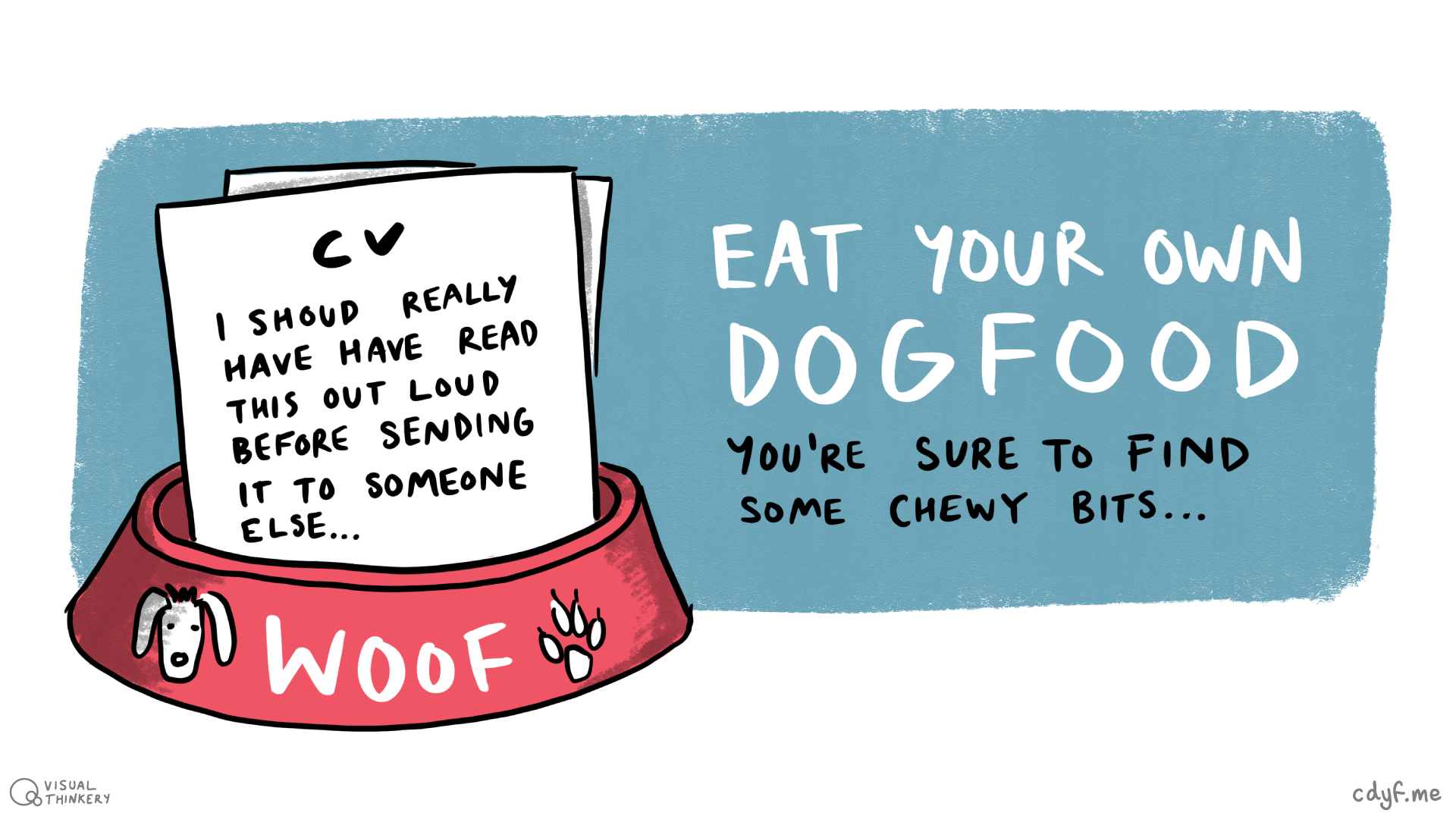 Reading your own writing (aloud) is like eating your own dog food. It’s a simple and proven technique for improving your written communication in job applications such as covering letters, personal statements and the like. Dogfooding by Visual Thinkery is licensed under CC-BY-ND)