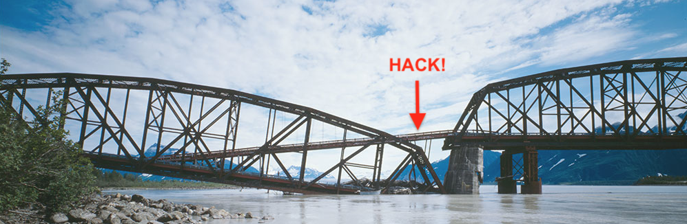 Your CV is a bridge which enables you to cross from where you are now to where you’d like to be in the future. Like the bridge in this picture, the CV’s in this chapter are all faulty in some way, can you fix them? You may need to use ingenious hacks and kludges like the one shown here on the Million Dollar Bridge in Alaska . Public domain image of kludgy repairs adapted from an original by Jet Lowe on Wikimedia Commons w.wiki/3Uvn