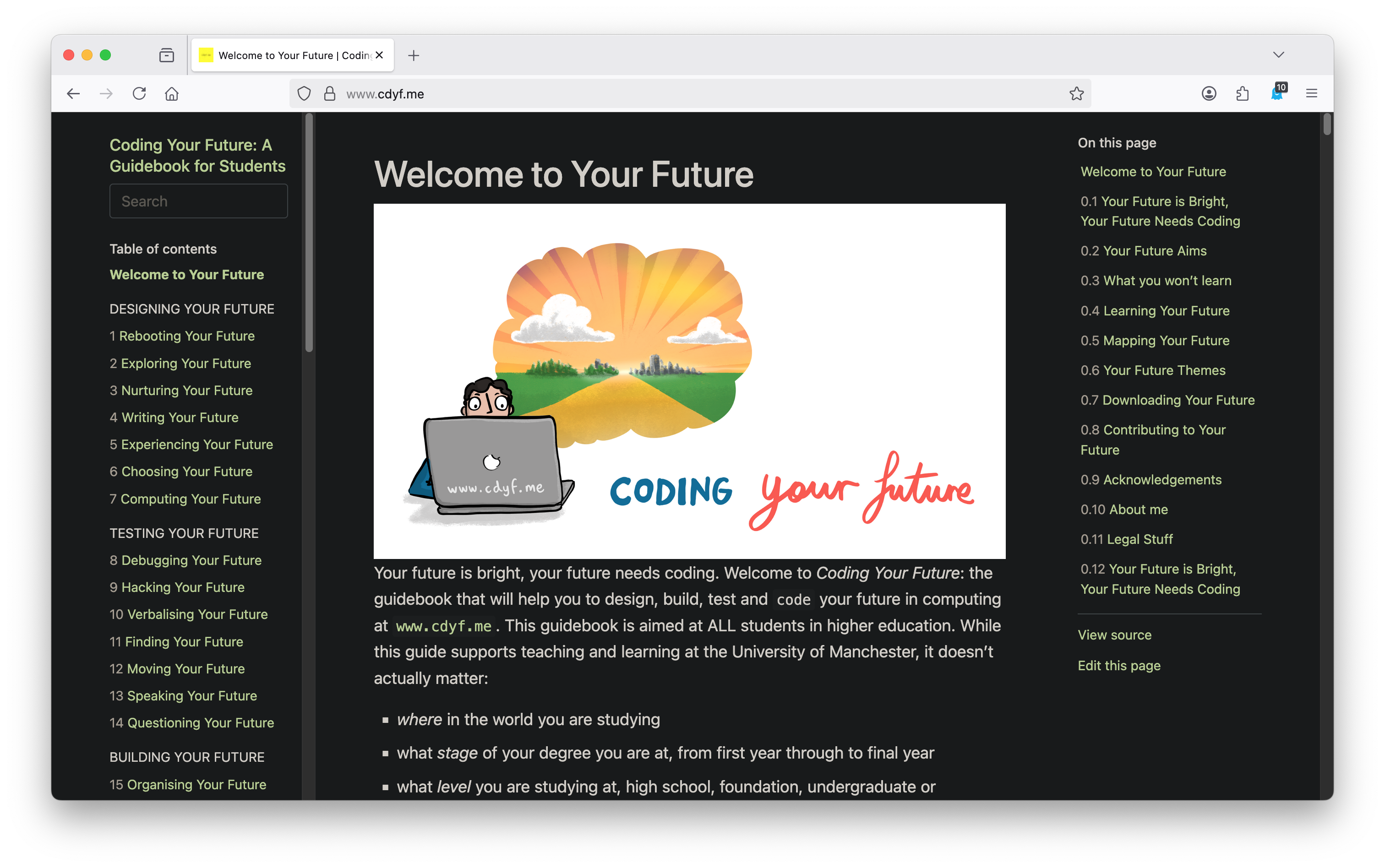 A screenshot of Coding Your Future in dark mode. The default configuration for this guidebook is dark text on a white background. If you prefer white text and a dark background (aka dark mode) we recommend using darkreader.org