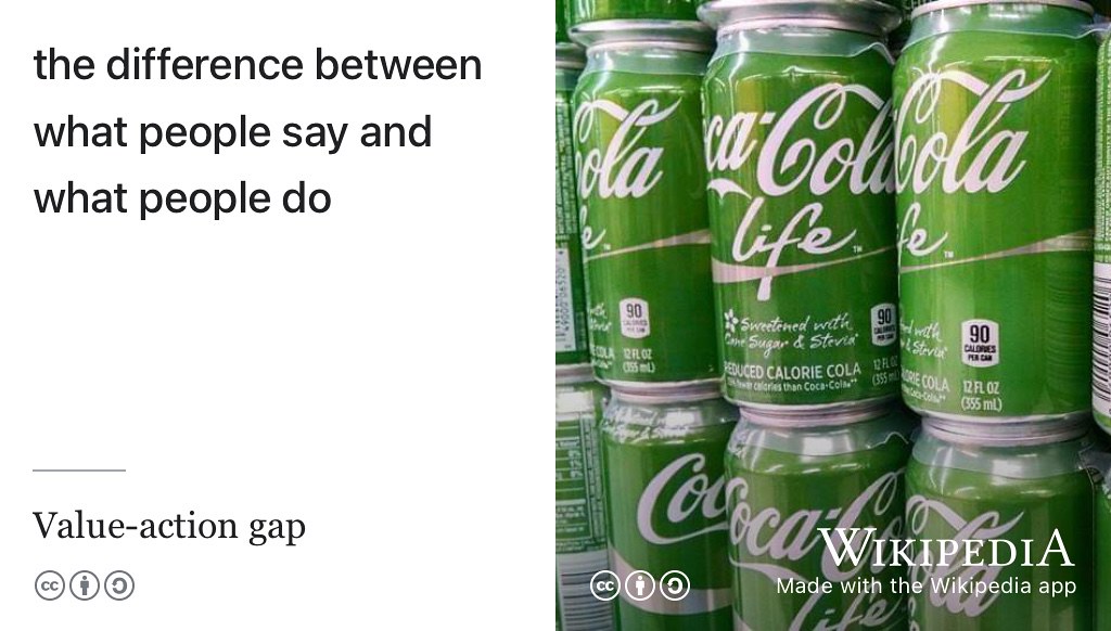 Extensive market research by the Coca-Cola Company showed sufficient consumer interest in a low calorie drink sweetened with Stevia and branded as “Coca-Cola Life”, shown here. However, when the product was launched, it had to be withdrawn due to much lower sales than the market research predicted. This is an example of the value-action gap: what people say they value doesn’t always match what they actually value in practice, in this case, by the action of purchasing a product. (E. Davis 2024) For the employers you would like to work for, how well do their actions match their stated values? How well do your actions match your own values? Chapter 2 gives some pointers on identifying your own values. Creative Commons BY-SA licensed image of Coca Cola Life Cans by rmackman on Wikimedia Commons w.wiki/9ruL adapted using the Wikipedia app