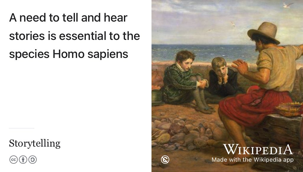 Storytelling is an ancient art and who doesn’t love a good story? As a species Homo sapiens, we need to tell and hear stories to understand the world around us. What’s your story, coding glory? Public domain image of a painting by John Everett Millais, with a seafarer telling the story of what happened out at sea, via Wikimedia Commons w.wiki/3VHM adapted using the Wikipedia App