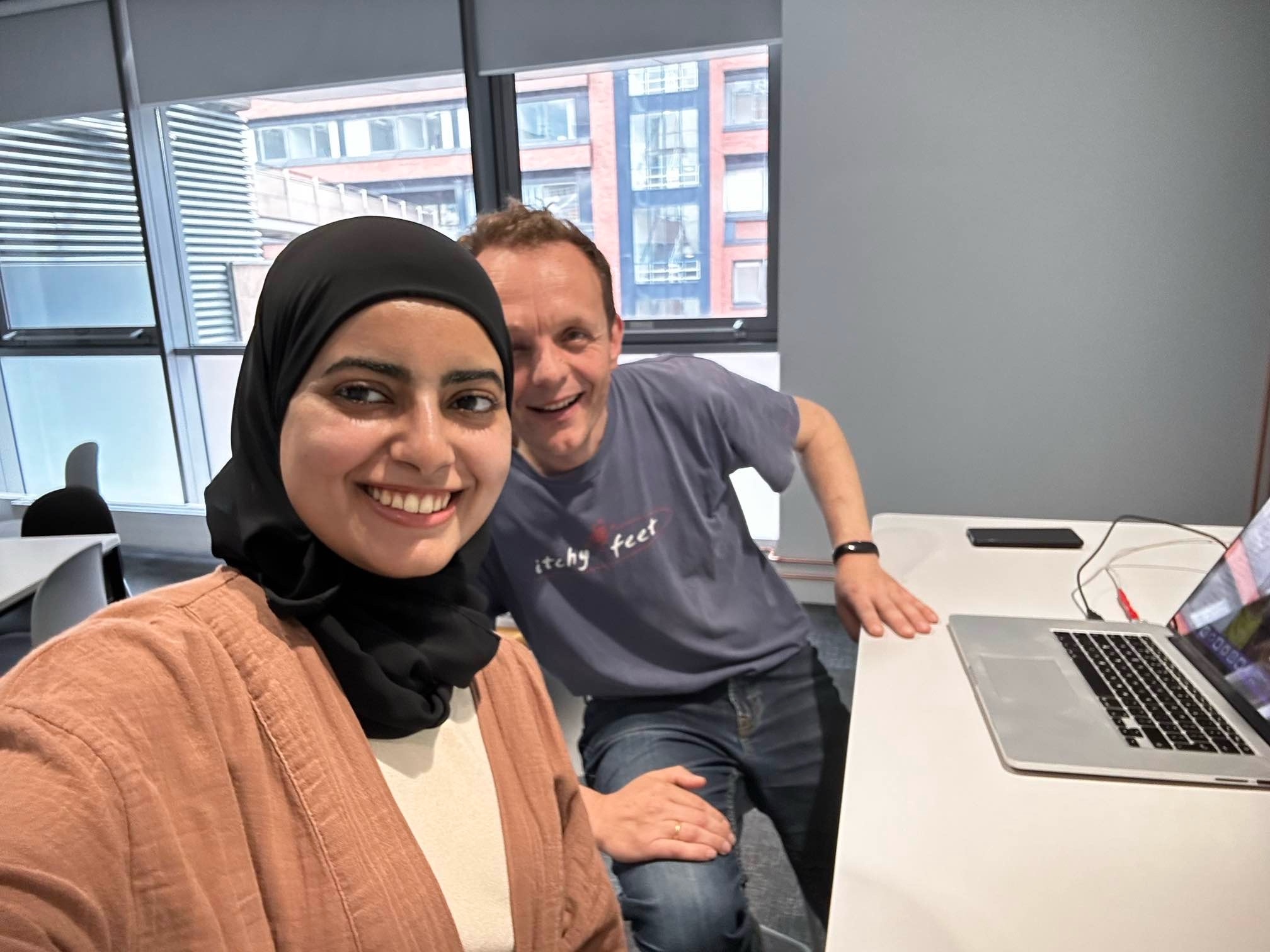 A Coding Your Future studio selfie, a slightly noisier location than normal. I’m hiding behind Asma because I had an ugly black eye which I’d picked up from one of those vertical steel girders they have in the middle (yes, the middle!) of the walkways of the Alan Turing Building. Thank you architects! 🤕