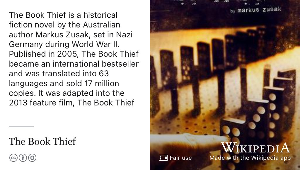 The Book Thief is a historical fiction novel by the Australian author Markus Zusak, set in Nazi Germany during World War II. Published in 2005, The Book Thief became an international bestseller and was translated into 63 languages and sold 17 million copies. (Zusak 2005) Fair use image from commons.wikimedia.org adapted using the Wikipedia app apple.co/3LNVzWu 📚