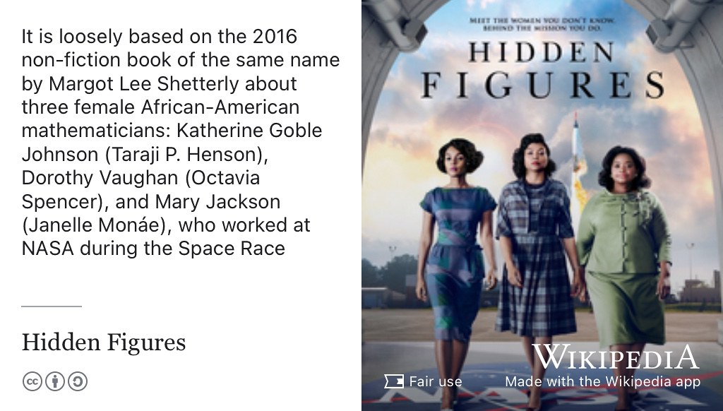 Hidden Figures a 2016 American biographical drama film directed by Theodore Melfi and written by Melfi and Allison Schroeder. It is loosely based on the 2016 non-fiction book of the same name by Margot Lee Shetterly about three female African-American mathematicians: Katherine Goble Johnson (Taraji P. Henson), Dorothy Vaughan (Octavia Spencer), and Mary Jackson (Janelle Monáe), who worked at NASA during the Space Race. Fair use image from commons.wikimedia.org 🚀