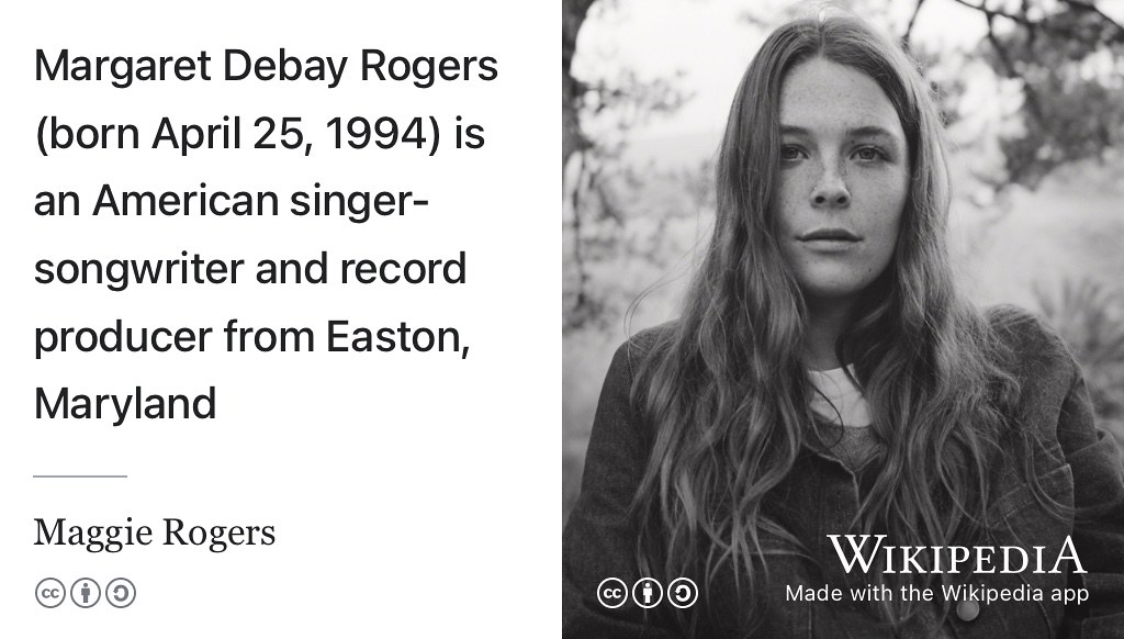 Amish chose Back in my Body by Maggie Rogers, an American singer-songwriter and record producer from Easton, Maryland (M. Rogers 2019) Press image of Maggie Rogers via Wikimedia Commons w.wiki/ApdH adapted using the Wikipedia app 🇺🇸